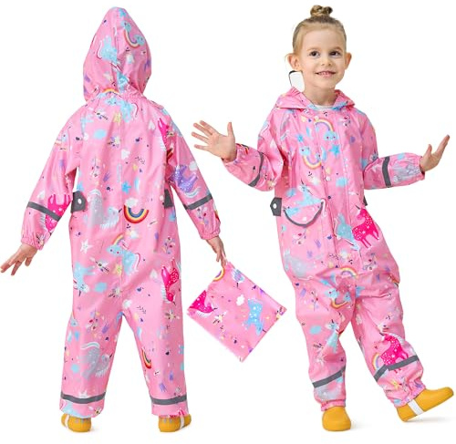Domueay Kids Puddle Suit Baby Girls Waterproof All in One Raincoat Hooded Breathable Lightweight Rain Suit Cartoon Muddy Suit with Zip for Children Toddler 1-3 Years, Pink
