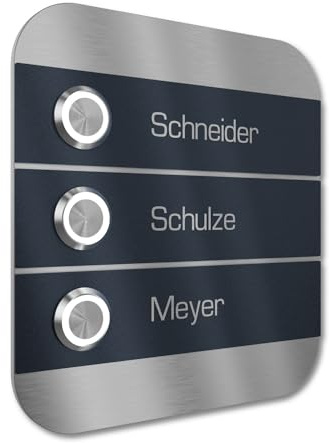 Graviers Design Mehrfamilien Türklingel mit LED Taster 3 Namen Gravur - V2A Edelstahl Klingel 140x150 mm - Unterputz wählbar Aufputz für Haustür Mehrfamilienhaus
