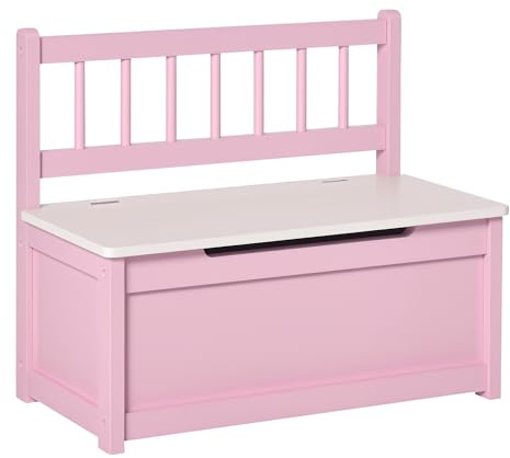 HOMCOM Baúl para Juguetes Banco Almacenaje para Niños con Respaldo y Tapa Amortiguadora Carga 40 kg para Salas de Juego Dormitorio 60x30x50 cm Rosa y Blanco