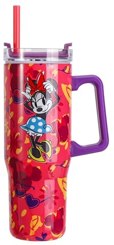 Minnie Mouse 940mL/33oz Double Walled Vacuum Insulated Stainless Steel Tumbler Cup with Handle and Straw, Reusable Insulated Cup for Cold and Hot Drinks