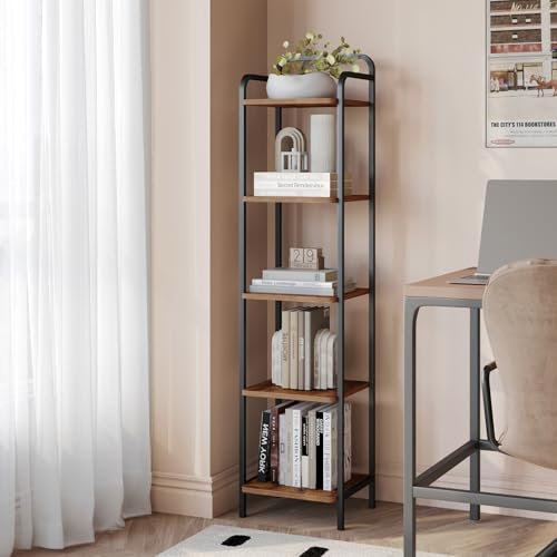 Hzuaneri Bücherregal, Regal, Standregal, Schmales Bücherregal, Industrielles Eckregal, Schlankes Regal für Heimbüro, Wohnzimmer, Schlafzimmer, Küche, 5 Ebenen Vintagebraun-Schwarz BC24501B