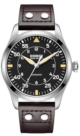 Boyarca Reloj piloto mecánico de movimiento automático, reloj de pulsera Flieger para buceo, relojes de cristal de zafiro para hombre, Negro