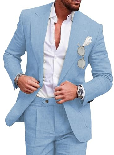 UNINUKOO Linen Suit for Men Summer Wedding 2 Piece Suit Set Peak Lapel Casual Blazer Pants Beach Wear for Men, Sky Blue, XL