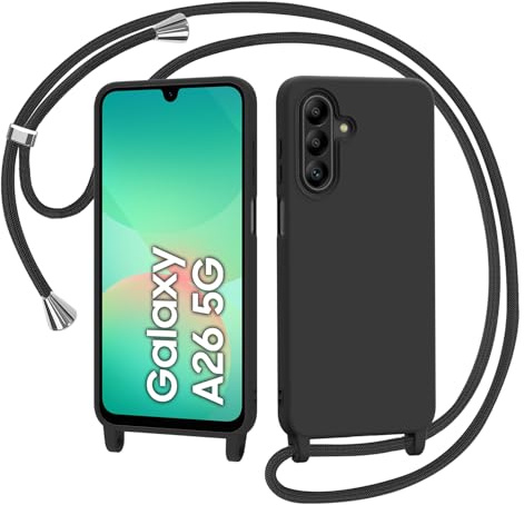 AOMYKE Funda para Samsung Galaxy A26 5G con Cuerda, Silicona Líquida Carcasa con Cordón Correa Colgante Ajustable Collar Correa Teléfono Case Cover, Negro
