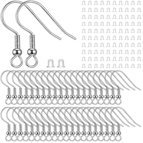 ZEPIQOR 100 Pezzi Orecchini di Fascetta,Gancio per Orecchini in acciaio,Fabbricazione di gioielli di chiusura degli orecchini,Con 100 Tappi per le orecchie,per la fabbricazione di gioielli,Argento