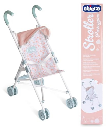 Chicco Passeggino per bambole My First Doll, Per bambini a partire dai 3 anni, Passeggino giocattolo con 4 ruote, Leggero e facile da piegare, Seduta in tessuto e cappottina ripiegabile
