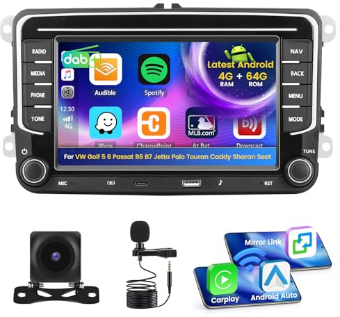 Inefala 4+64G Autoradio för VW Golf 5 6 Passat B6 B7 Jetta Polo Touran Caddy Sharan Seat Android med Wireless CarPlay, 7'' Bilskärm med Bluetooth WIFI GPS FM/RDS 32EQ DAB SWC AHD Kamera