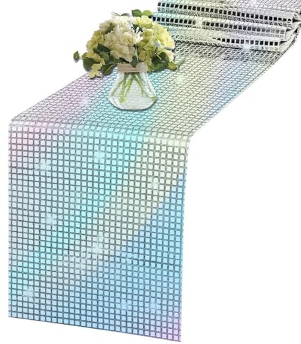 WWYSSZ Disco Deko Tischläufer, Glitter Paillette Tischläufer, 30 X 275 cm | Disco Party Tischläufer Silber Pailletten, Silber Disco Tischdecke,für Geburtstag Hochzeit Weihnachten(Schillernde Farben)