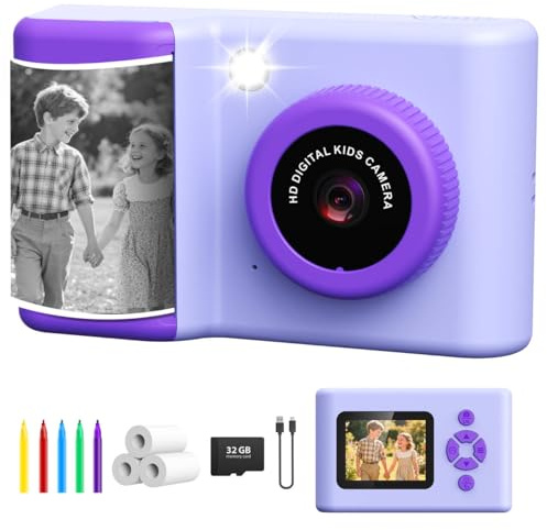 Appareil Photo Instantané Enfant, 1080P Appareil Photo Numérique Enfant, Caméra Vidéo avec Écran 2,4 Pouces, LED Flash, Carte TF 32 Go, Papier d'impression, Cadeau pour Filles Garçons 3-12 Ans, Violet