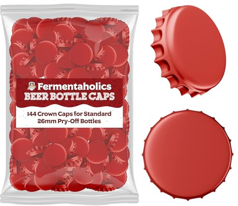 Fermentaholics Red Beer Bottle Caps - 144 Count Oxygen Absorbing Bottle Lids – 26mm Crown Caps for Homebrewing Beer, Cider, Soda, DIY Crafts and more – Fits Standard American Pry-Off Bottles
