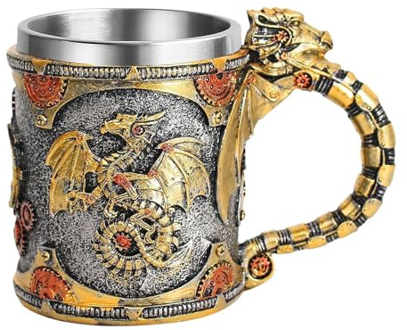 Mug Dragon – 400 ml Tasse médiévale en acier inoxydable | Chope de bière fantaisie | Tasse vintage pour café, thé, whisky | Présentoir de bureau sculpté en forme de dragon gothique | Récipient à boire