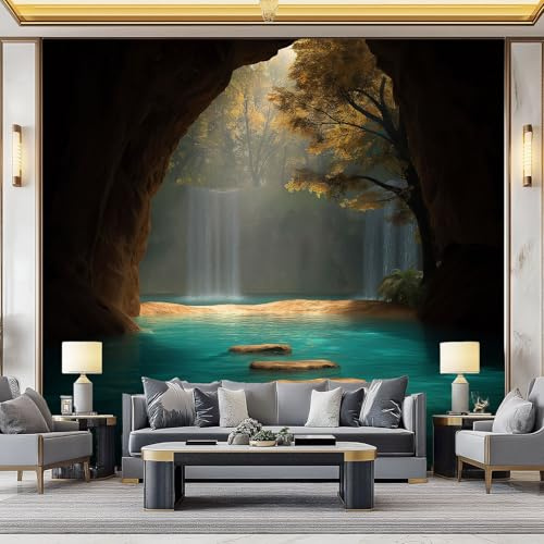 Papel Pintado Panorámico Paisaje De Fantasía Cascada Cueva 250x175 cm Fotomurales No Tejido, Murales Decoración Póster Pared Personalizado 3D Para Salón Dormitorio