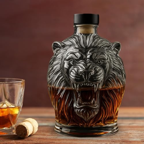 300ML Decanter Whisky Figurine - Carafe A Decanter Vin, Bouteille De Whisky 3D En Forme De Tête De Lion, Carafe À Whisky Amusante En Verre, Distributeur De Liqueur Unique Soufflé À La Main