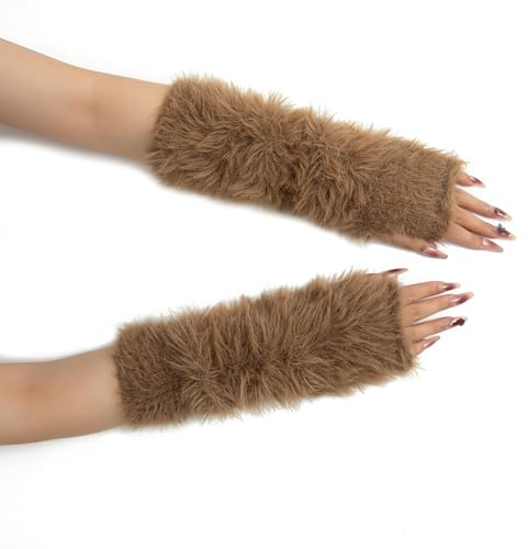 Muorruo Arm Warmers for Women, Fingerless Gloves in Faux Mink Velvet, Y2K Wrist Warmers, Long Arm Warmers, Knitted Fingerless Thermal Gloves, Warm Winter Gloves, Brown