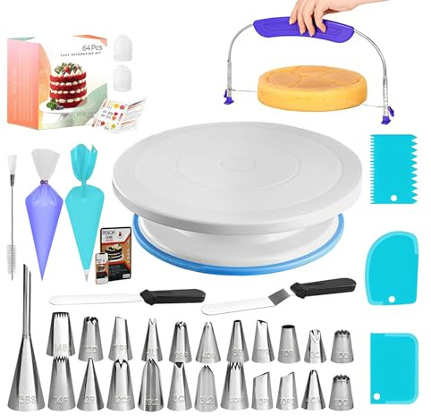 Kit di per la decorazione di torte, set da 64 pezzi, girevole per torte, strumenti per glassare la pasticceria con sacchetti riutilizzabili, set di punte per pasticceria per