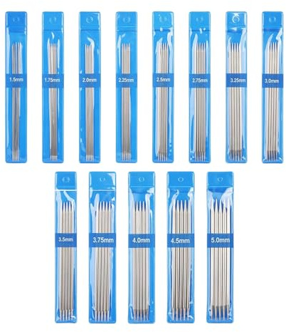 65 stycken sticknålar set rostfritt stål, nålspel set 15 cm korta dubbla spetsar sticknålar för strumpor, sticknålar metall 1,5–5,0 mm, 13 storlekar sticknål set för nybörjare strumpstickning