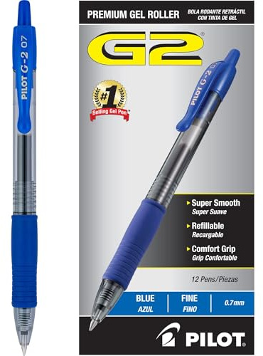 Pilot G2 Premium Gel Roller Pens, Fine Point 0.7 mm, Blue Ink Pens Fine Point, Pack of 12 - Ideal for School, Journaling, and Office Writing
