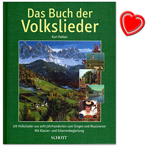Das Buch der Volkslieder - Liederbuch von Kurt Pahlen - Volkslieder aus 8 Jahrhunderten mit Klavier- und Gitarrenbegleitung - Liederbuch (gebundene Ausgabe) für Klavier, Gitarre mit bunter herzförmiger Notenklammer