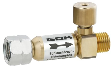 GOK Schlauchbruchsicherung SBS/MA (manuell), 50 mbar, 1,5 kg/h, G 1/4 LH-ÜM x G 1/4 LH-KN, für Flüssiggas-Schlauchleitungen, Camping/Wohnwagen, Montage zwischen Druckminderer und Gasschlauch