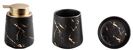 Ensemble de 4 accessoires de salle de bain en céramique marbrée - Distributeur de savon, porte-brosse à dents, gobelet, porte-savon - Noir mat