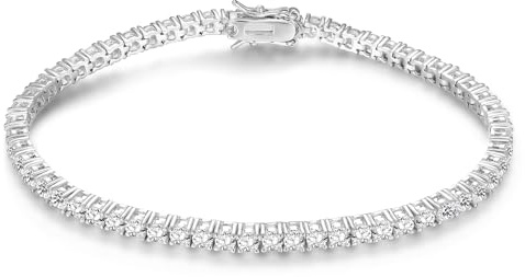 Gemsme Pulsera de tenis de moissanita de plata, chapada en oro blanco de 18 quilates, pulsera redonda de tenis de moissanita de 3 mm, 6.5-8.5 pulgadas, 6.5 Inch, Plata, plateado