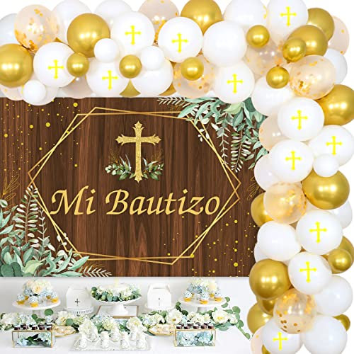 Mi Bautizo Partydekorationen mit Mi Bautizo Hintergrund und weißgoldenem Ballongirlanden-Set, Taufe, Taufe, Partydekoration, Erstkommunion, Dekorationen für Jungen, Mädchen, Erstkommunion