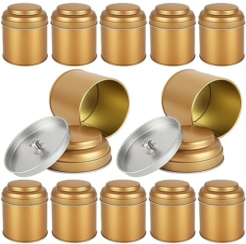 Acrux7 12 Pack Small Tea Tin Canisters with Airtight Lids, 8oz Loose Leaf Tea Storage Containers, Round Metal Airtight Tea Tins Containers for Herbs, Spices, Coffee, Loose Tea, Cube Sugar