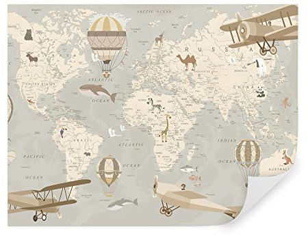TAPEKO Papel Pintado Infantil 310x210 cm Mapamundi Aviones Globos Fotomurales para Niños y Niñas Prémium Interior Papel Pintado Pared Marfil u36066