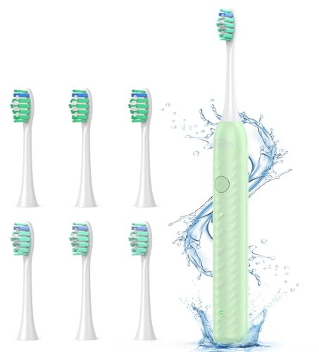 Spazzolino Elettrico Sonico per Donna Uomo - Spazzolini Elettrici Sonico per Adulto Bambini con 6 Testine, 5 Modalità, Ricarica Rapida e Utilizzo per 180 Giorni, Spazzolino da Viaggio, Verde Chiaro