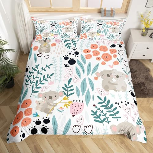 Homewish Funda nórdica Koala Kawaii 220x240, juego de cama Koala de dibujos animados, conjunto de ropa de cama linda con flores en forma de corazón de amor, cubrecama de animales con patas, 3 piezas