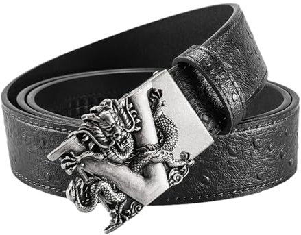NALANY Handgefertigter Straußengürtel Mit Ratsche Ledergürtel Automatikschließe Geschnitztes Drache,Leder Western Stil Gürtel Für Männer,Breit 35mm,Größe Angepasst(110cm/43, Black02)