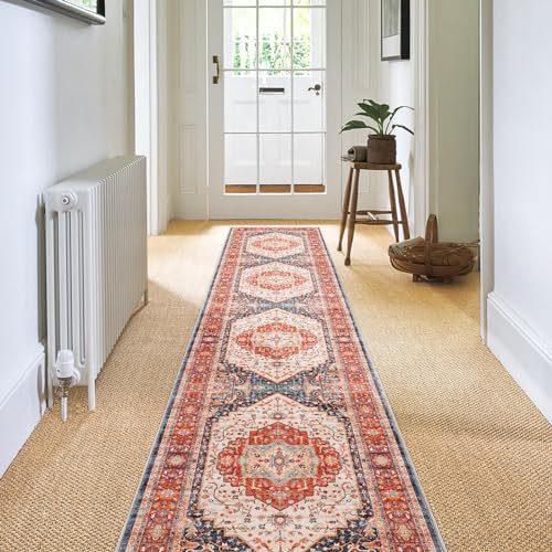 Carvapet Tapis de Couloir Long 60x300cm Tapis de Passage Lavable Antidérapant Doux Microfibre Vintage Médaillon Orange Tapis de Salon Chambre Cuisine