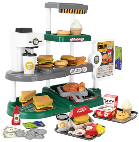 deAO Registratore di Cassa Bambini con Suono, Burger, Patatine e Pollo Arrosto Realistici, Denaro da Gioco, Macchina per Il Caffè , Gioco del Negozio di Fast Food, Set da Cucina Giocattolo (Verde)