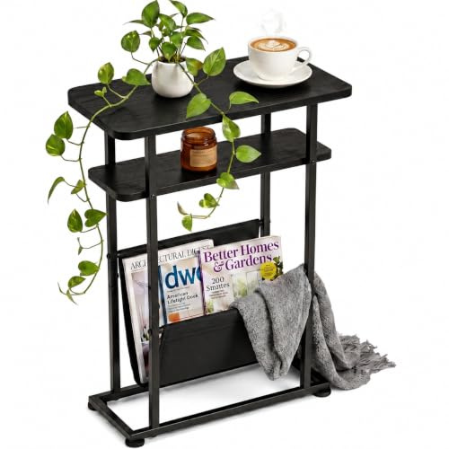 ZEXVIDA Small Side Table for Small Spaces - Slim End Table with Magazine Holder - 2 in 1 Narrow End Table Living Room - Skinny Bedside Table Nightstand Bedroom Thin Side Table (Black)