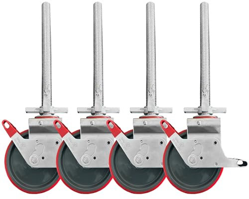 200 mm PU Gerüstrollen Set (4 Stück) LAYHER*-kompatibel mit Stahlspindel - Doppelt gebremst, lotrecht stehend
