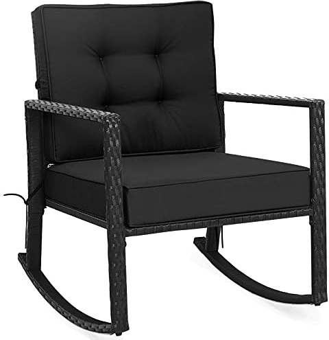 COSTWAY Garden Rocking Chair, Outdoor PE Rattan Glider Armchair with Upholstered Cushions and Armrests, All-weather Wicker Relax Lounge Rocker Seat for Patio Backyard Lawn Poolside (Black)