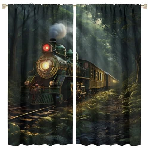 Vintage-Dampfzug-Vorhang, Aquarell-Ölgemälde, Vintage-Zug-Reise im grünen Wald, Eisenbahn, Zug, Verdunkelungsvorhang, Stangentaschenvorhang, 2 Paneele, isolierter Vorhang für Wohnzimmer, 106,7 x 114,3