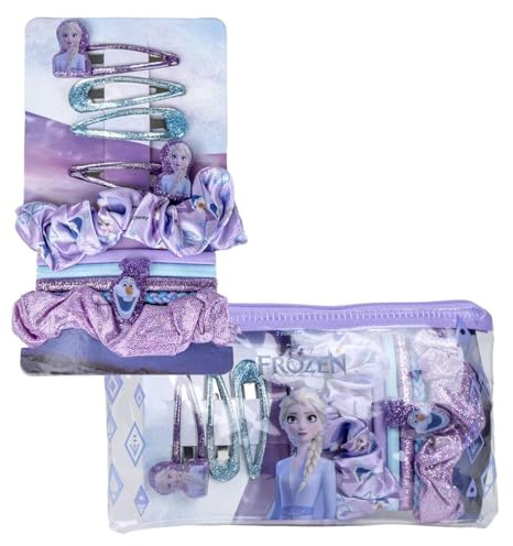 Set de Belleza de Frozen - Incluye 2 Coleteros de tela, 4 Coleteros, 4 Horquillas y Neceser -Ideal para sorprender a tus peques - Diseño inspirado en Elsa y Olaf - Producto Original Diseñado en España