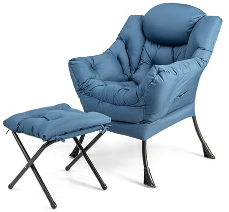 GOPLUS Sillón de Salón con Reposapiés, Sillón Relax con Reposabrazos, Taburete Plegable, Cojín Extraíble y Bolsillo Lateral, Sofá 1 Plaza para Dormitorio Sala de Estar Oficina (Azul)