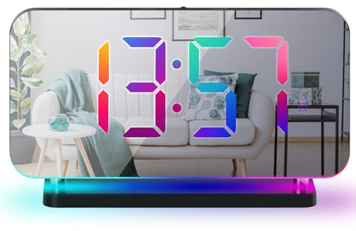 Lancoon LED Wecker mit 11 Farben Dynamisches RGB Farbdisplay Spiegeloberfläche Nachttischuhr mit Buntem Nachtlicht Lautstärke Helligkeit Einstellbar 12/24 Stunden Modus Schwarz
