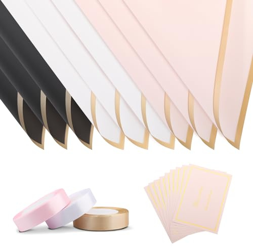 30 Blatt Blumenstrauß Geschenkpapier, 3 Farben Wasserdichtes Blumen Geschenkpapier Mit 3 Stück Bändern und 30 Grußkarten, für Hochzeiten Geburtstagsparty Geschenkverpackung 57cm