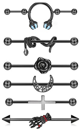 Niaspi 6Pcs Black Industrial Barbell Earrings 14G Stainless Steel Industrial Helix Cartilage Earrings 38mm Industrial Bar Moon Flower Cross Hand Snake Double Piercings Industrial Piercing Jewelry,