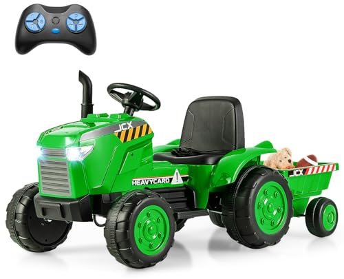 COSTWAY Electric Ride on Tractor, 12V Kids Toy Car with Detachable Trailer, Wireless Connection, Horn, Music, Lights, Battery Powered Ride on Toys for Children Ages 3-8 (Green)