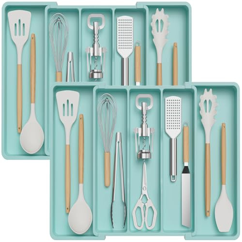 Lifewit Organizador de cajones de utensilios, Organizador grande expandible para cocina, Soporte de cubiertos ajustable, Plástico, Lot de 2, Turquesa