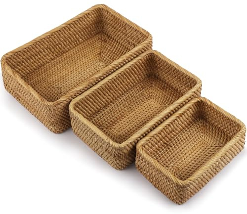 YOHEOIIO Natural Rattan Storage Baskets Set of 3 natural rattan Rectangular braided wicker box,fruit basket wicker basket, baskets for Organizing Container Bins for Shelves Cupboards Drawer