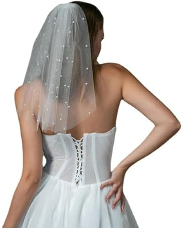 Cliory Kurzer Schleier weiße Perle Brautschleier Junggesellinnenabschied Schleier Hochzeit Brautschleier mit Kamm für Frauen und Bräute, Weiss/opulenter Garten, 12.2