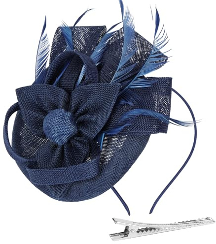 Alaoo Fascinator-hatt, nätblomma fjäder fascinator-pannband, kvinnor fascinerande hattar, festkostym huvudbonader för bröllop, tefest, cocktailrace, alla hjärtans dag (vitklöver - marinblå)
