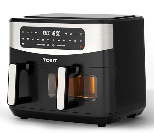 TOKIT Freidora De Aire Caliente 2 Cámaras (6 L y 4 L), 12 In 1 Air Fryer Con Ventana De Visualización, Freidora Sin Aceite Con 2 Cajones, Freidora Eléctrica (XXL)