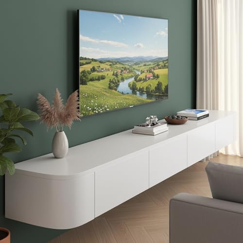Kroscro Tv Schrank Hängend Multifunktionaler TV-Schrank aus Holz Tv Cabinet for Living Room Fernsehkommode mit Stauraum Geeignet für Wohnzimmer, Schlafzimmer (Weiß, 280cm/110.2in)