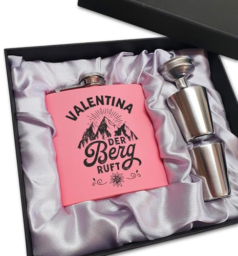 Der Berg ruft Flachmann Skifahren Berg Flachmann Ski Geschenk Wandern personalisiert mit Gravur Pink